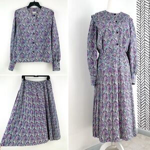 Vintage paisley 2-piece outfit by Evanna long sleeve top pleated skirt sz 12